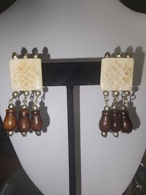Tibetan Eternal Knot Carved Bone and Stone Post  Pierced Dangle Earrings